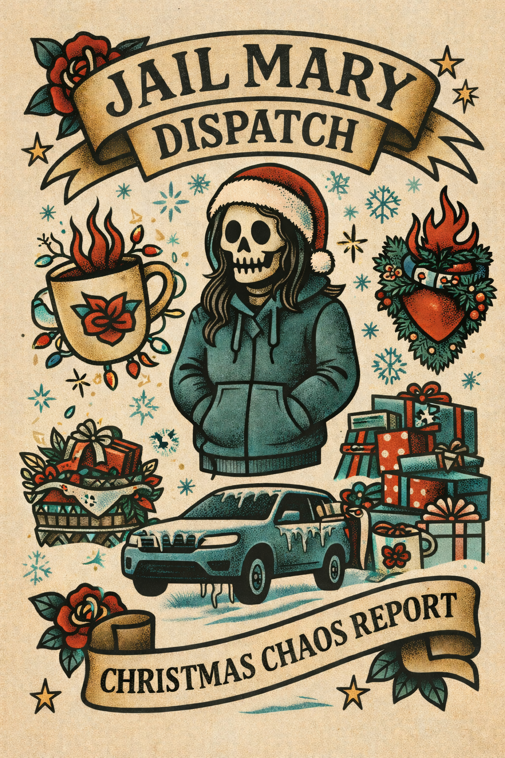 Jail Mary Dispatch Christmas Chaos Report featuring tattoo flash art with skull in Santa hat, coffee mug, truck, and holiday gifts