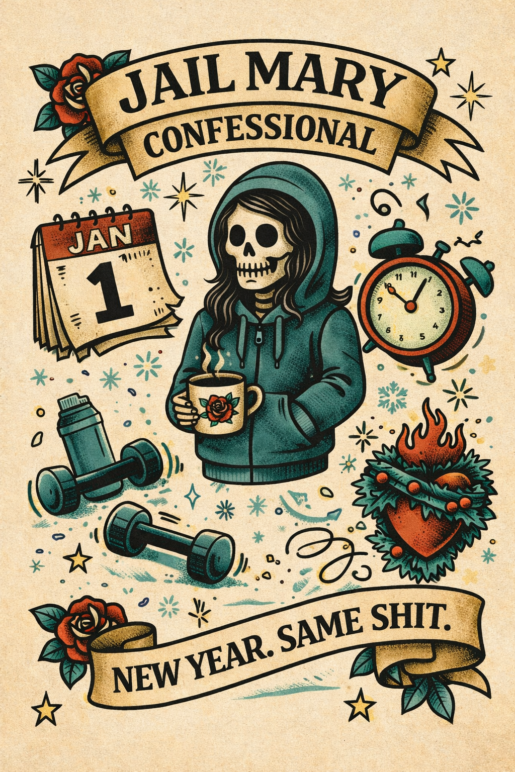 Jail Mary Confessional illustration featuring a skeleton in a hoodie holding coffee, with January 1 calendar, alarm clock, dumbbells, and burning heart. Banner reads 'New Year. Same Shit.'
