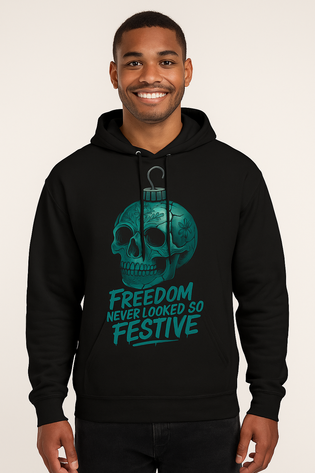 🎄 Freedom Never Looked So Festive — Hoodie (Teal Skull Ornament)