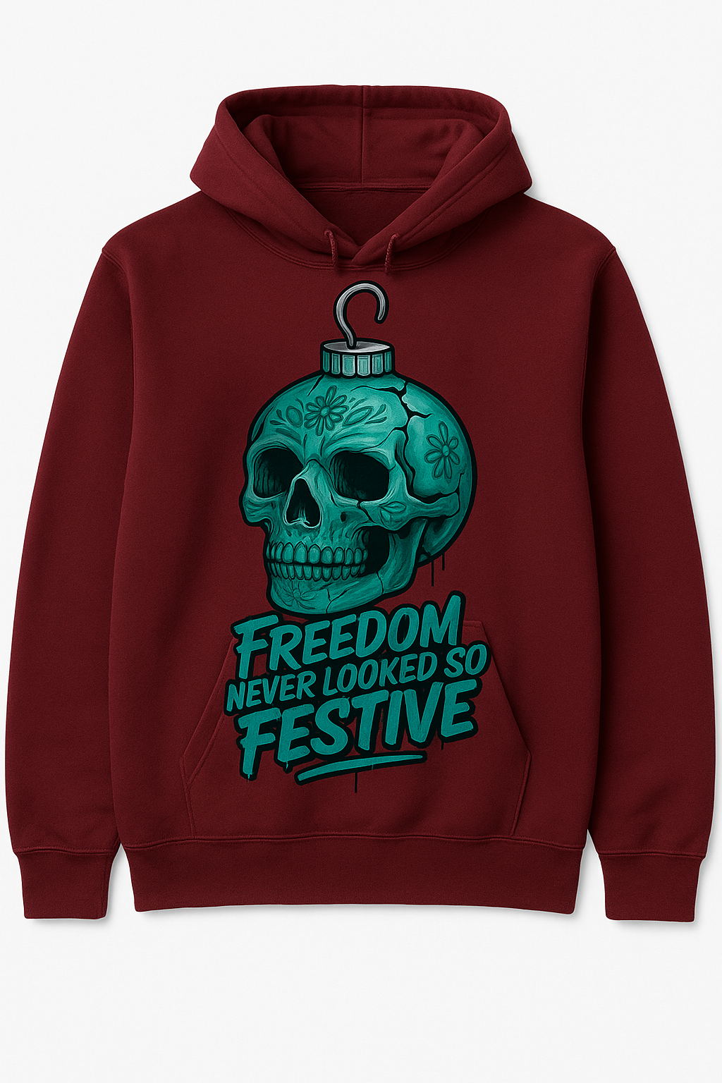🎄 Freedom Never Looked So Festive — Hoodie (Teal Skull Ornament)