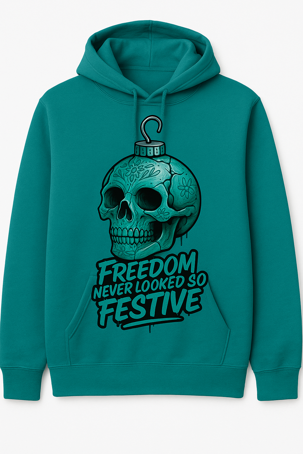 🎄 Freedom Never Looked So Festive — Hoodie (Teal Skull Ornament)