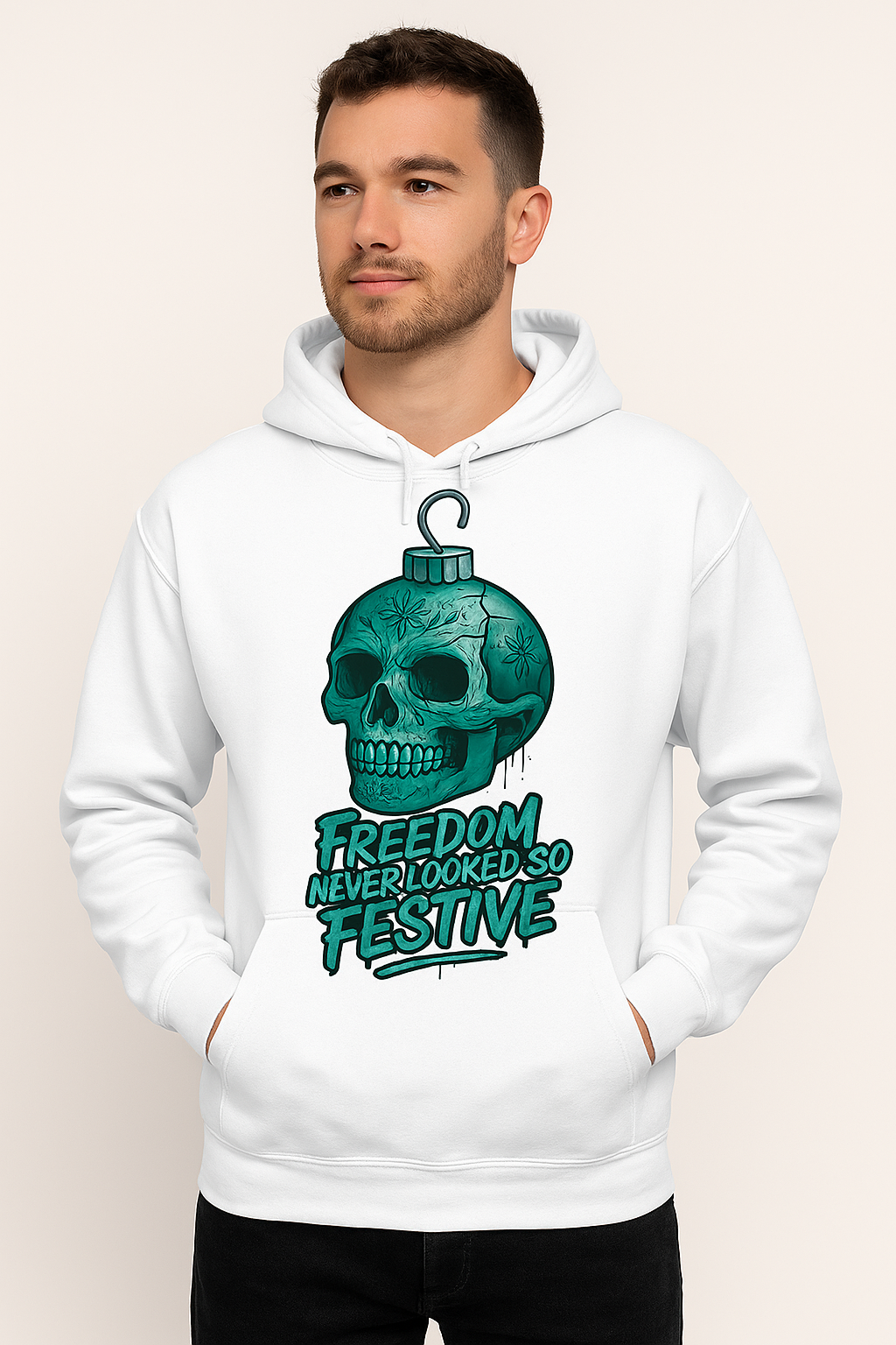 🎄 Freedom Never Looked So Festive — Hoodie (Teal Skull Ornament)
